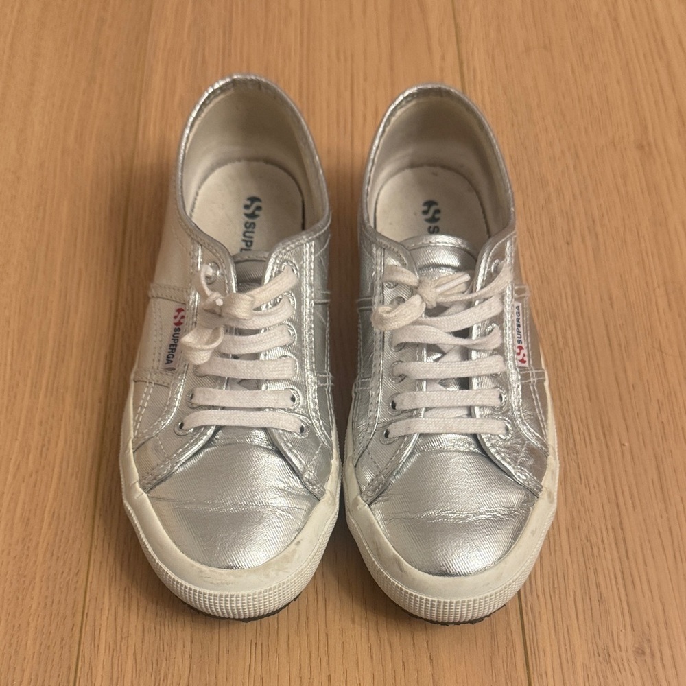 Superga Metallic Silver and White Lace-Up Sneakers